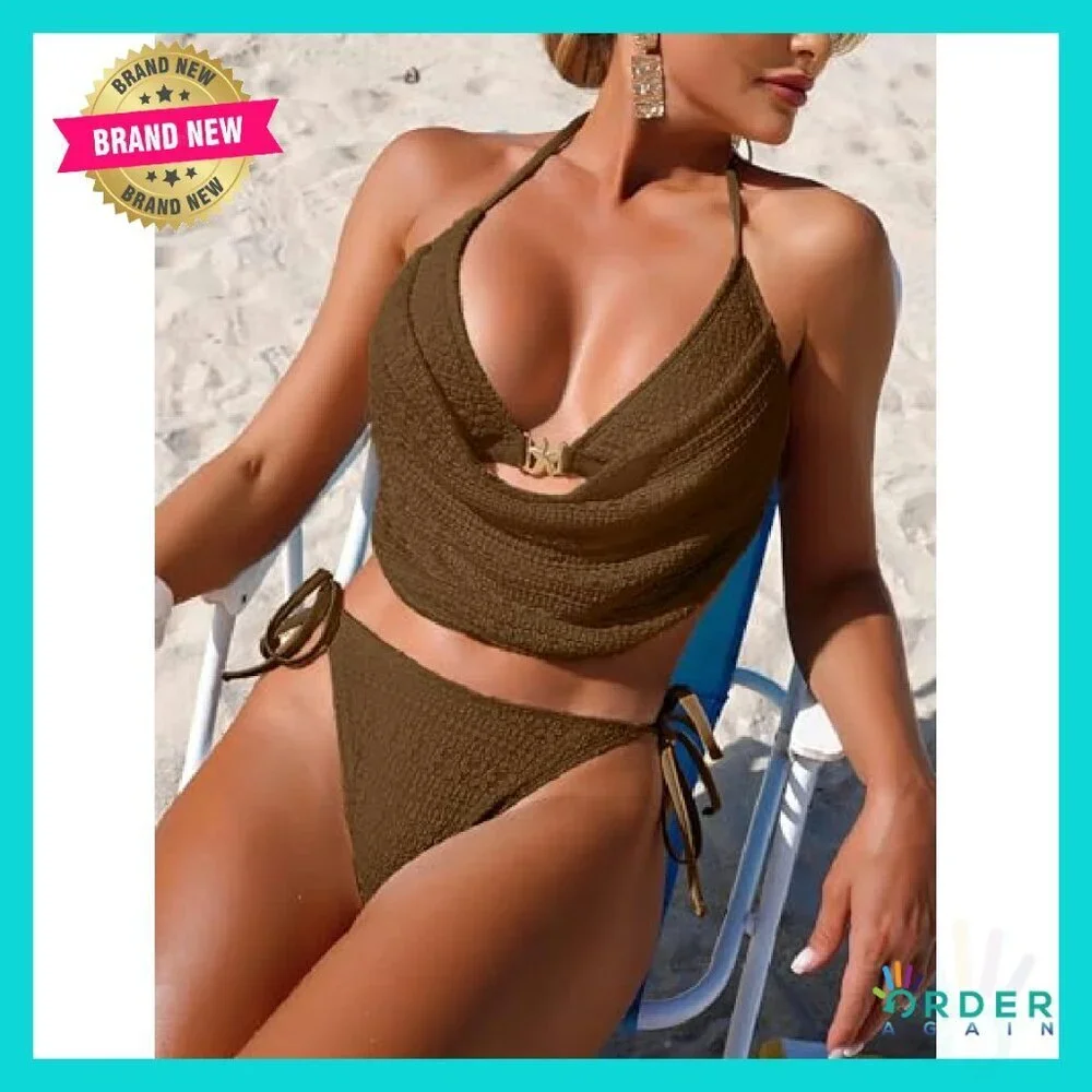 Mesh Halter Bikini Set Deep V Neck Sexy Y2K Chic Beach Vacation Swimsuit